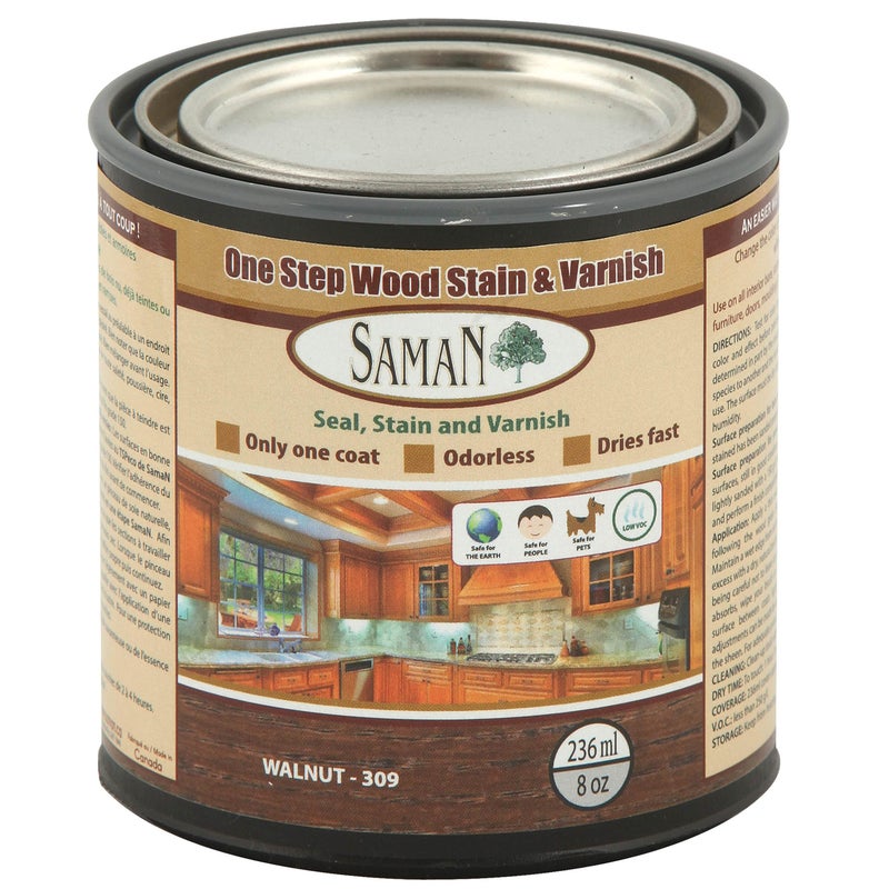 SamaN Interior One Step Wood Seal, Stain and Varnish - Oil Based Odorless Dye - Protection for Furniture and Fine Wood (Walnut SAM-309, 8 oz) - Image 1